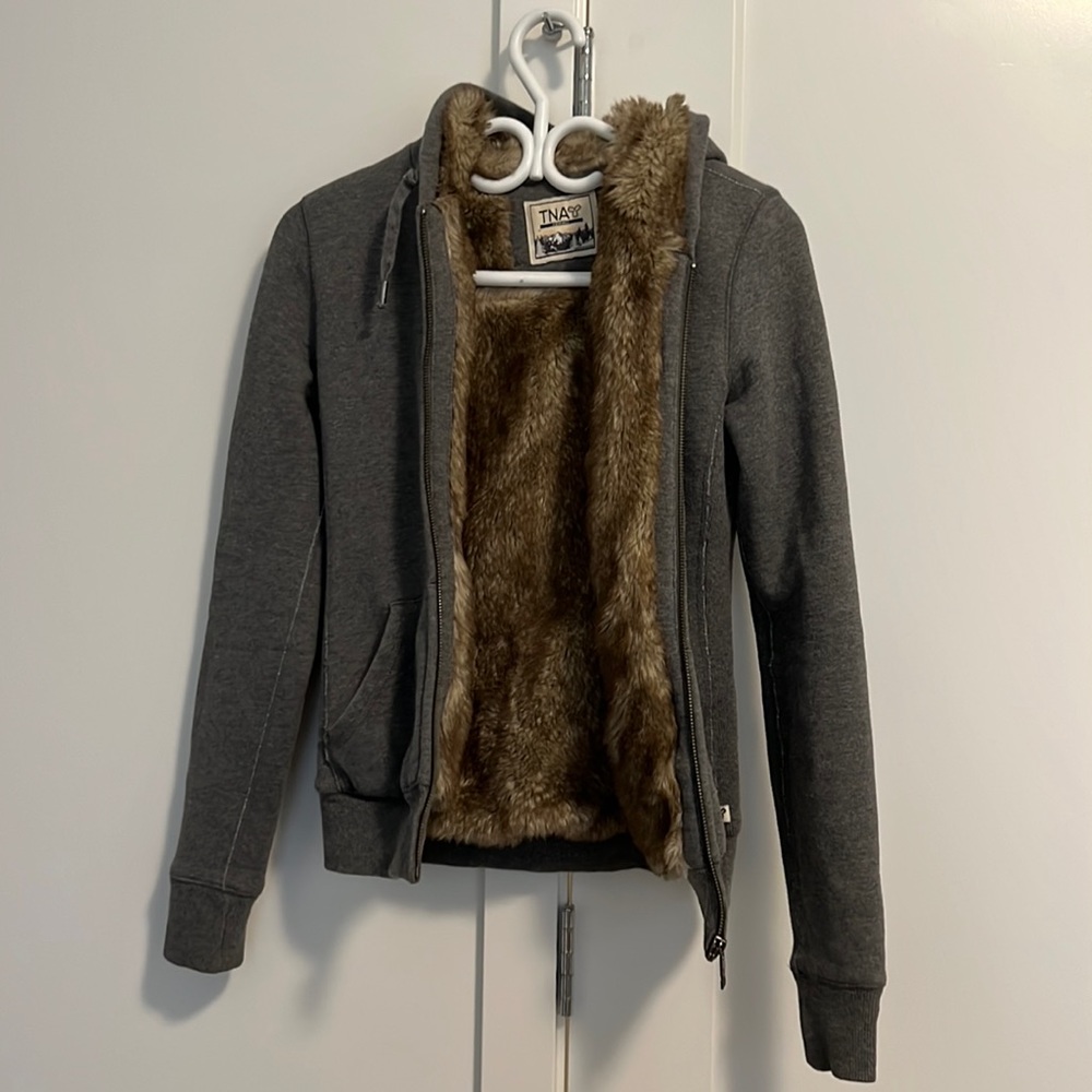 TNA Faux Fur Lined Hoodie Light Grey in Size XSmall